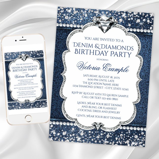 Invitaciones de cumpleaños con brillo de mezclilla (Denim diamond birthday invitation. Instant download and printed invitations available.)