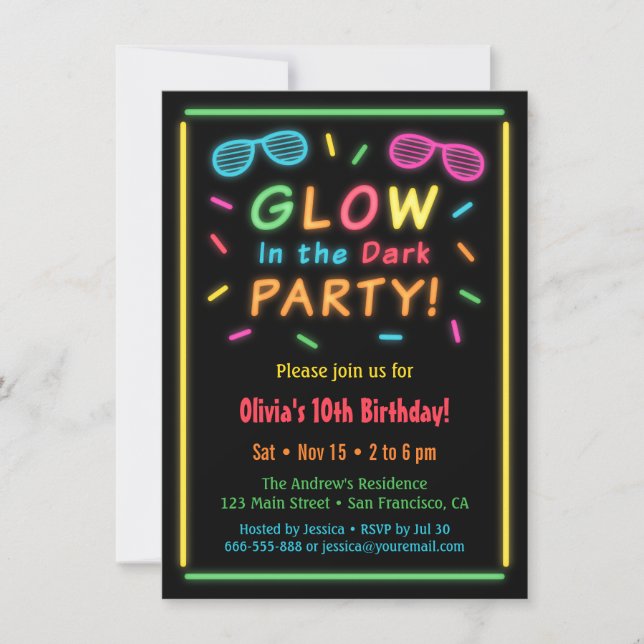 Invitaciones de cumpleaños con brillo de neón fals (Anverso)