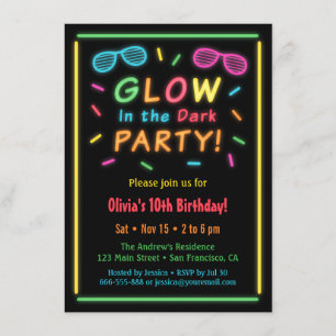Invitaciones de cumpleaños con brillo de neón fals