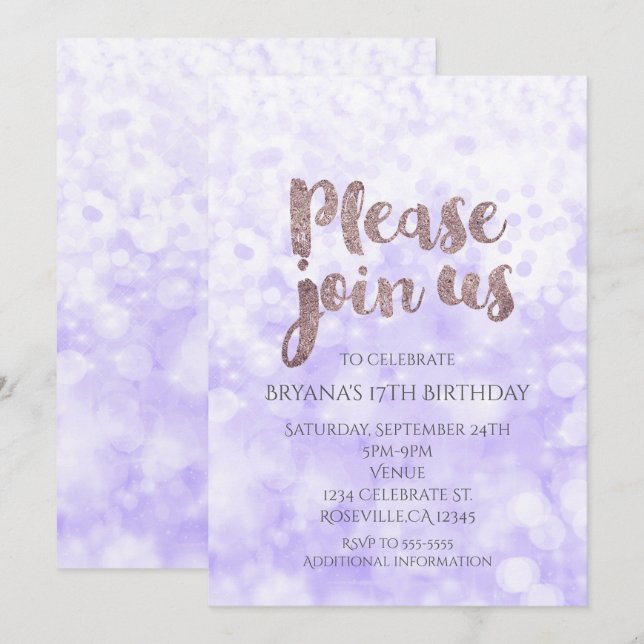 Invitaciones de cumpleaños con brillo púrpura Glam (Anverso / Reverso)