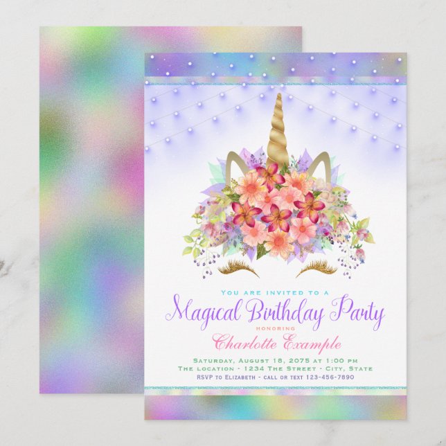 Invitaciones de cumpleaños con cara de unicornio a (Anverso / Reverso)