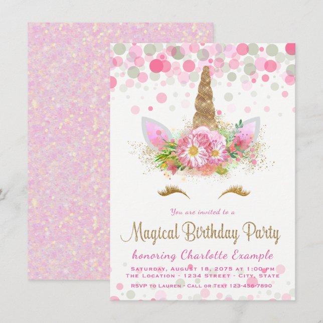 Invitaciones de cumpleaños con cara de unicornio p (Anverso / Reverso)