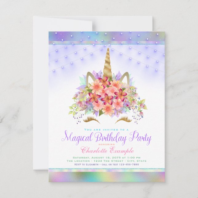 Invitaciones de cumpleaños con cara de unicornio y (Anverso)