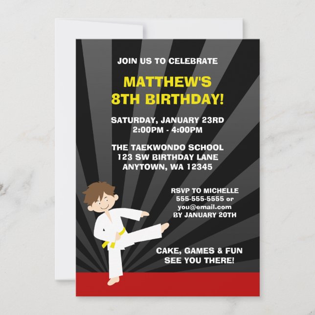 Invitaciones de cumpleaños con cinturón amarillo d (Anverso)