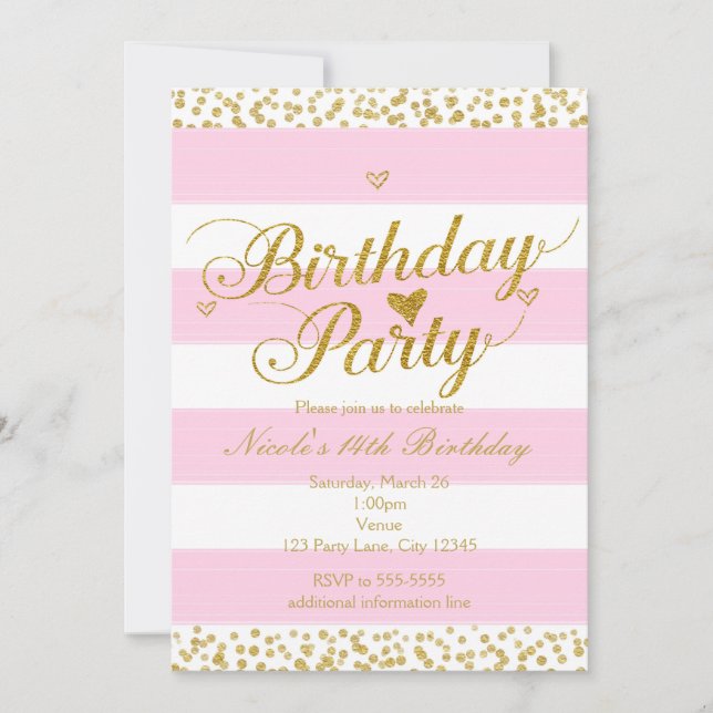 Invitaciones de cumpleaños con corazón de oro y bl (Anverso)