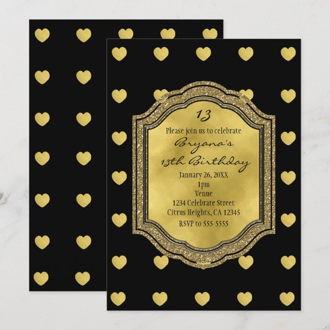 Invitaciones de cumpleaños con corazones dorados y (Anverso / Reverso)