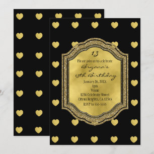 Invitaciones de cumpleaños con corazones dorados y
