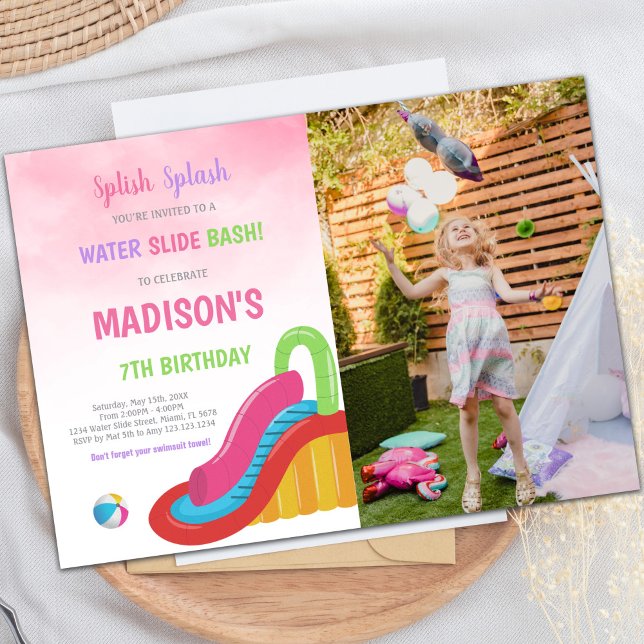 Invitaciones de cumpleaños con diapositivas de agu (Pink Water Slide Birthday Invitations with photo)