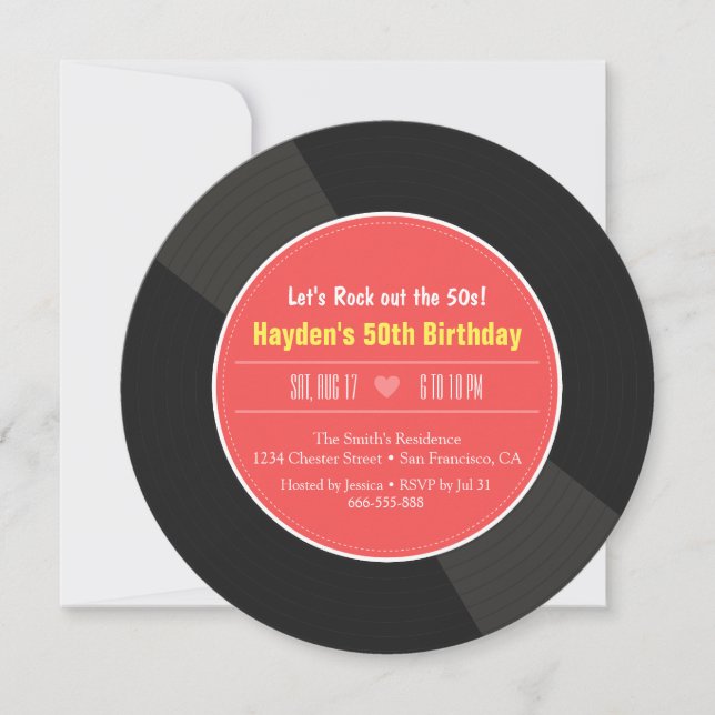 Invitaciones de cumpleaños con discos de vinilo re (Anverso)