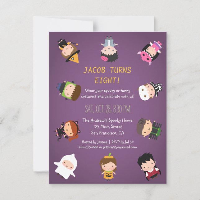 Invitaciones de cumpleaños con disfraces de Hallow (Anverso)