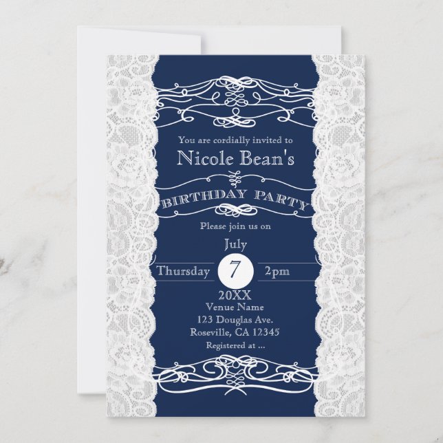 Invitaciones de cumpleaños con encaje azul y blanc (Anverso)