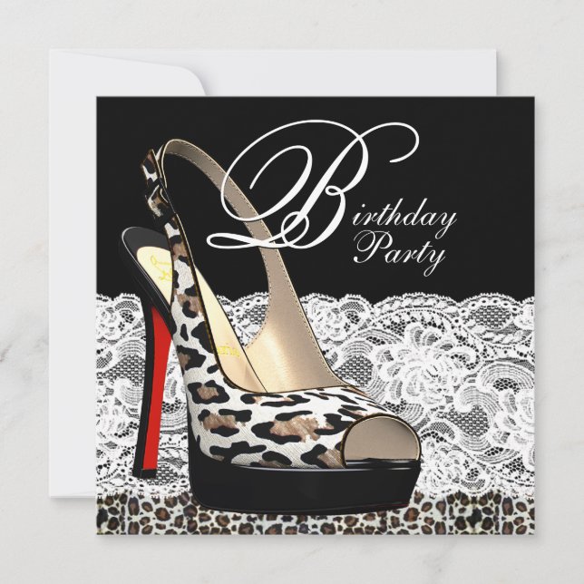Invitaciones de cumpleaños con encaje blanco y leo (Anverso)