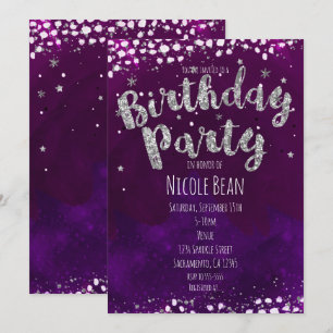 Invitaciones de cumpleaños con estrellas moradas y