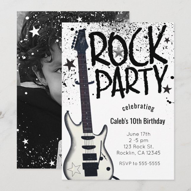 Invitaciones de cumpleaños con foto de guitarra pa (Anverso / Reverso)