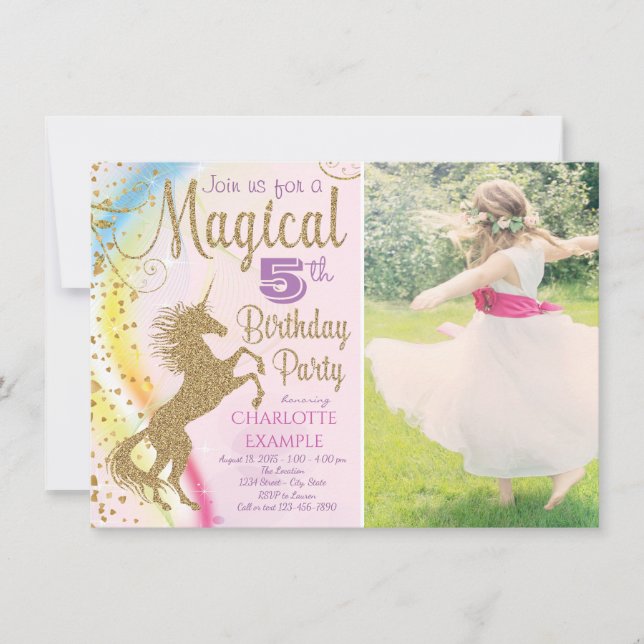 Invitaciones de cumpleaños con foto de niñas y uni (Anverso)