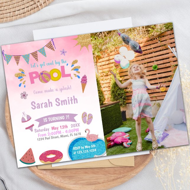 Invitaciones de cumpleaños con foto de Pink Cloud  (Pink Cloud Pool Birthday Invitations with photo)