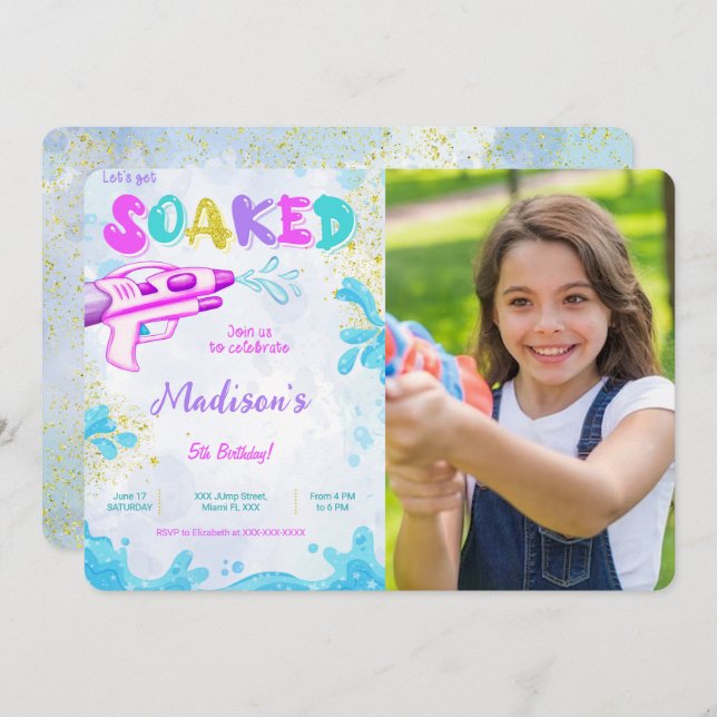 Invitaciones de cumpleaños con foto de pistola de  (Anverso / Reverso)