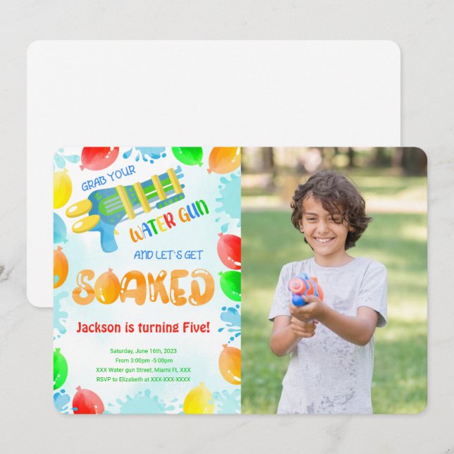 Invitaciones de cumpleaños con foto de pistola de  (Anverso / Reverso)