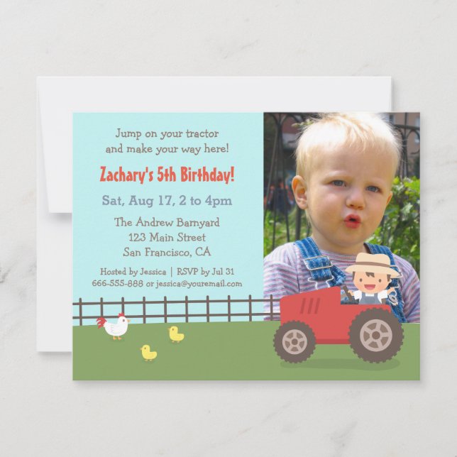 Invitaciones de cumpleaños con foto de Tractor Roj (Anverso)