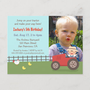 Invitaciones de cumpleaños con foto de Tractor Roj