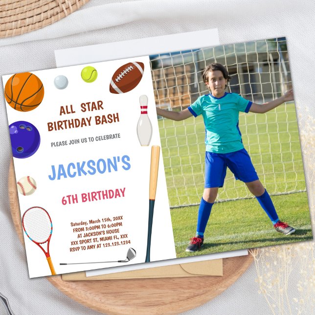 Invitaciones de cumpleaños con foto para deportes  (Blue Sports Birthday Invitations with photo)