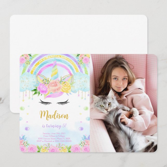 Invitaciones de cumpleaños con fotos de unicornios (Anverso / Reverso)
