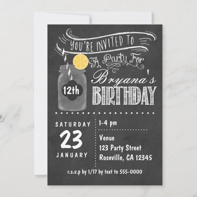 Invitaciones de cumpleaños con frasco de Mason y p (Anverso)