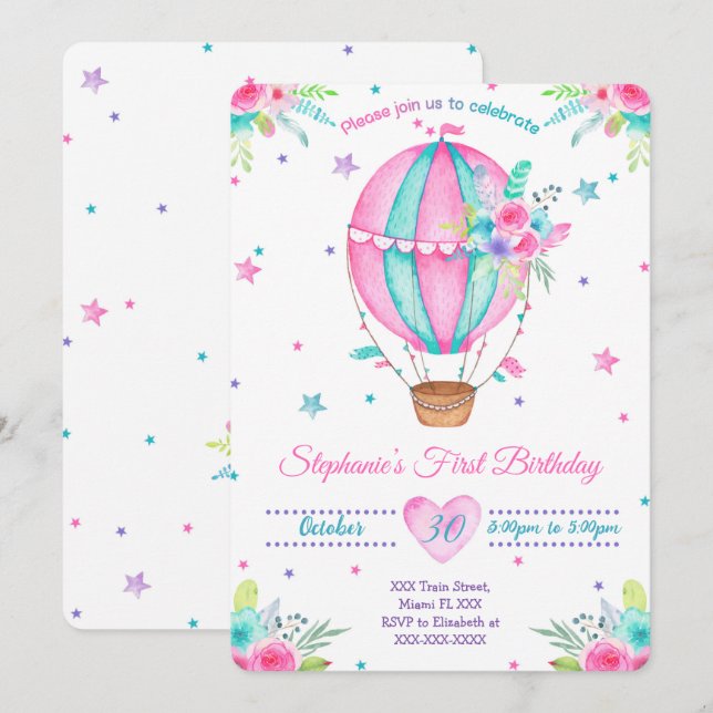 Invitaciones de cumpleaños con globo aerostático (Anverso / Reverso)