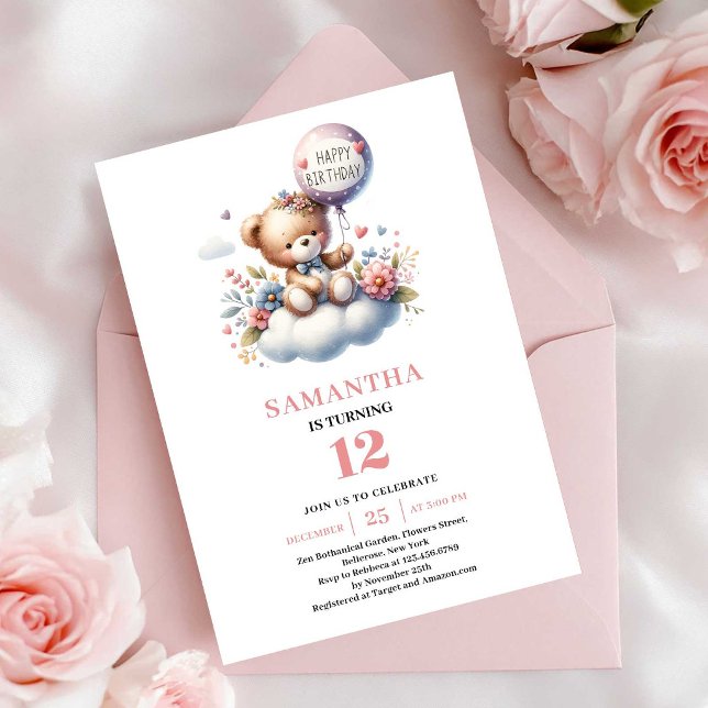 Invitaciones de cumpleaños con globo floral de osi (Playful teddy bear floral balloon birthday invitation

)
