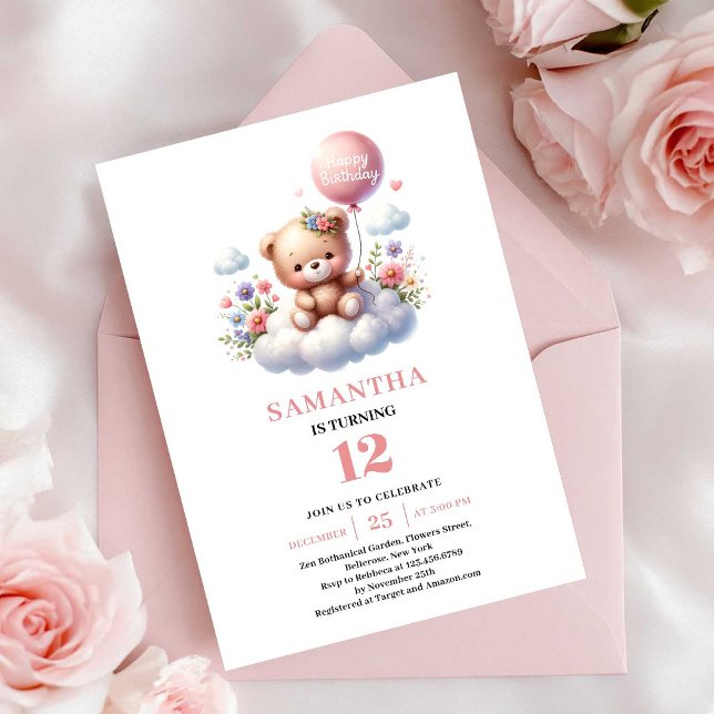 Invitaciones de cumpleaños con globo floral de oso (Joyful teddy bear floral balloon birthday invitation

)