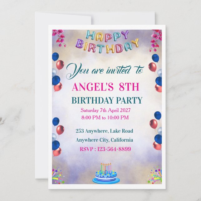 Invitaciones de cumpleaños con globos coloridos (Anverso)