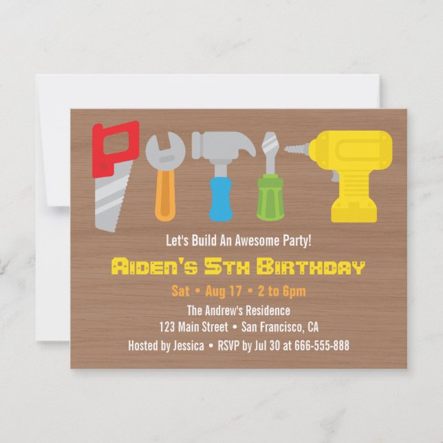 Invitaciones de cumpleaños con herramientas de hom (Anverso)