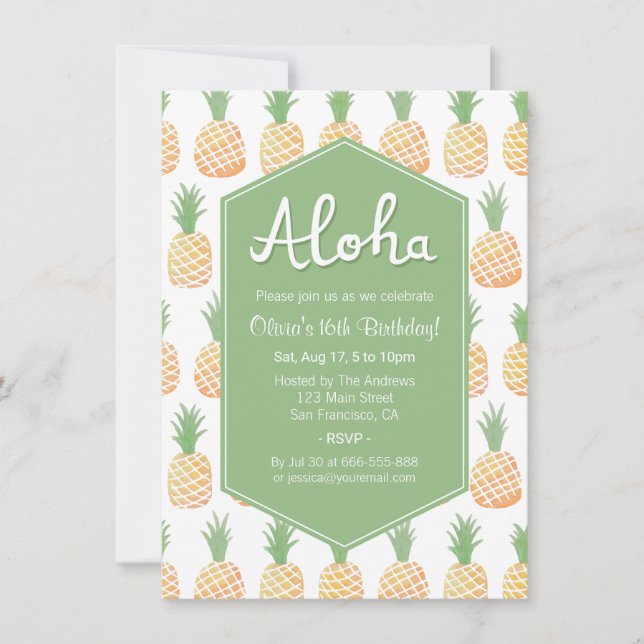 Invitaciones de cumpleaños con piña Luau Aloha (Anverso)