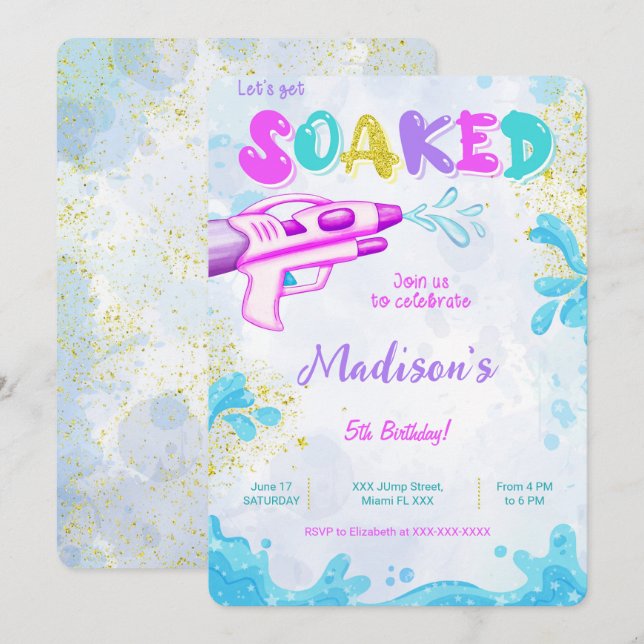 Invitaciones de cumpleaños con pistola de agua (Anverso / Reverso)