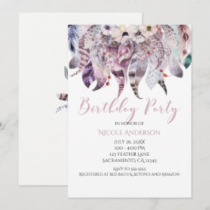Invitaciones de cumpleaños con plumas bohemias Boh