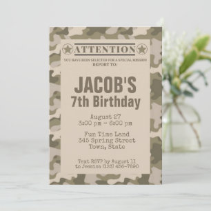Invitaciones de cumpleaños con tema de camuflaje m