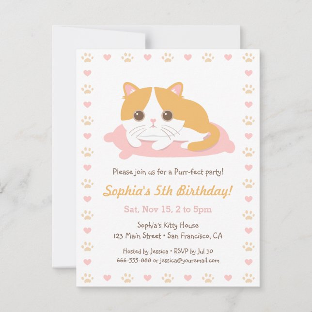 Invitaciones de cumpleaños con tema de gato adorab (Anverso)
