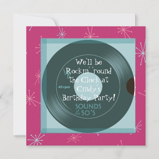 Invitaciones de cumpleaños con tema de los años 50 (Anverso)