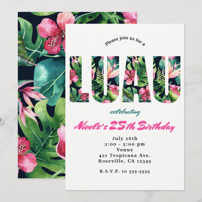 Invitaciones de cumpleaños con tema de LUAU floral (Anverso / Reverso)