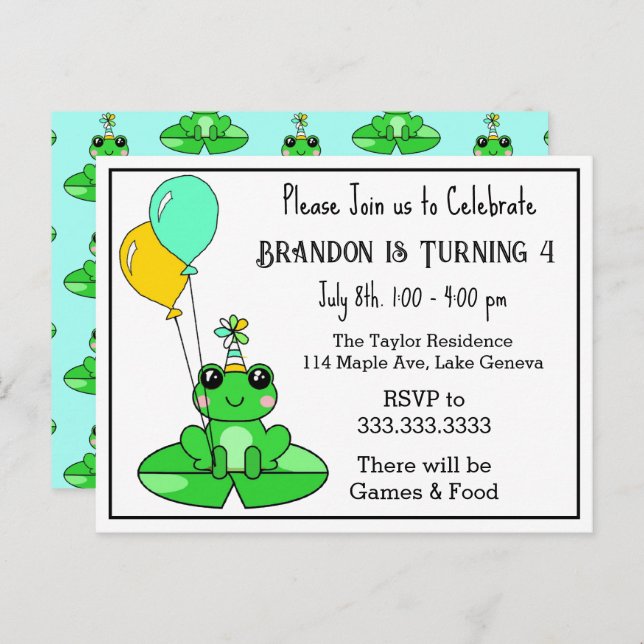 Invitaciones de cumpleaños con tema de rana (Anverso / Reverso)