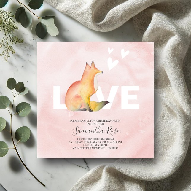 Invitaciones de cumpleaños Curte Pink Woodland Fox (Birthday party invitations watercolor fox art by Victoria Grigaliunas of Do Tell A Belle)
