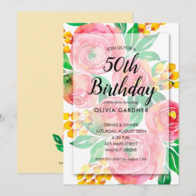 Invitaciones de cumpleaños de acuarela floral de a (Anverso / Reverso)