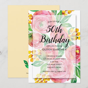 Invitaciones de cumpleaños de acuarela floral de a
