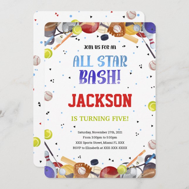 Invitaciones de cumpleaños de All Star Sport (Anverso / Reverso)