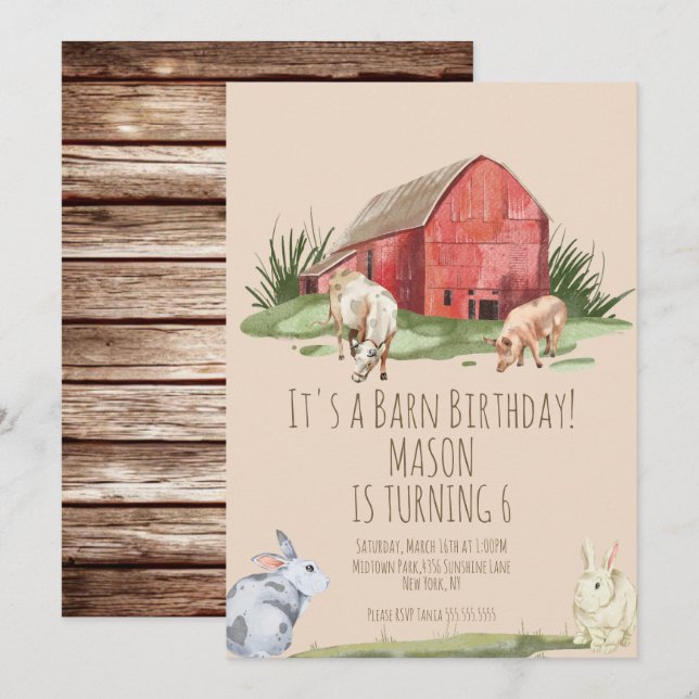 Invitaciones de cumpleaños de animales de granero  (Anverso / Reverso)