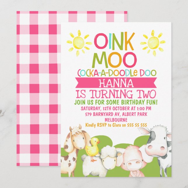 Invitaciones de cumpleaños de animales de granja e (Anverso / Reverso)