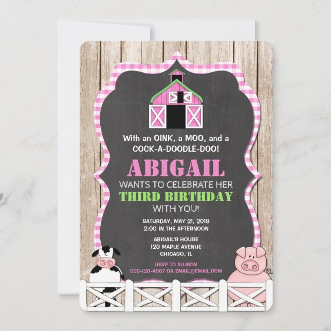 Invitaciones de cumpleaños de animales de granja r (Anverso)