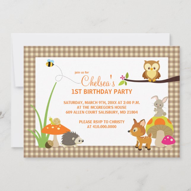 Invitaciones de cumpleaños de animales de Woodland (Anverso)