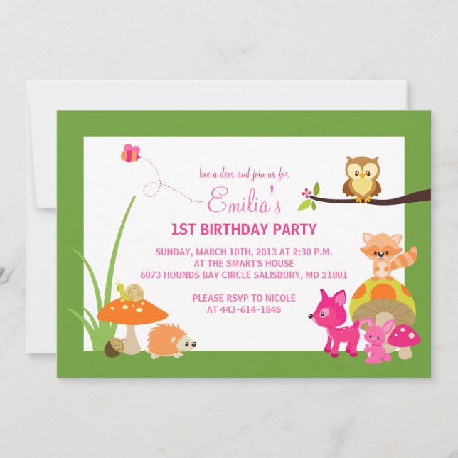 Invitaciones de cumpleaños de animales de Woodland (Anverso)