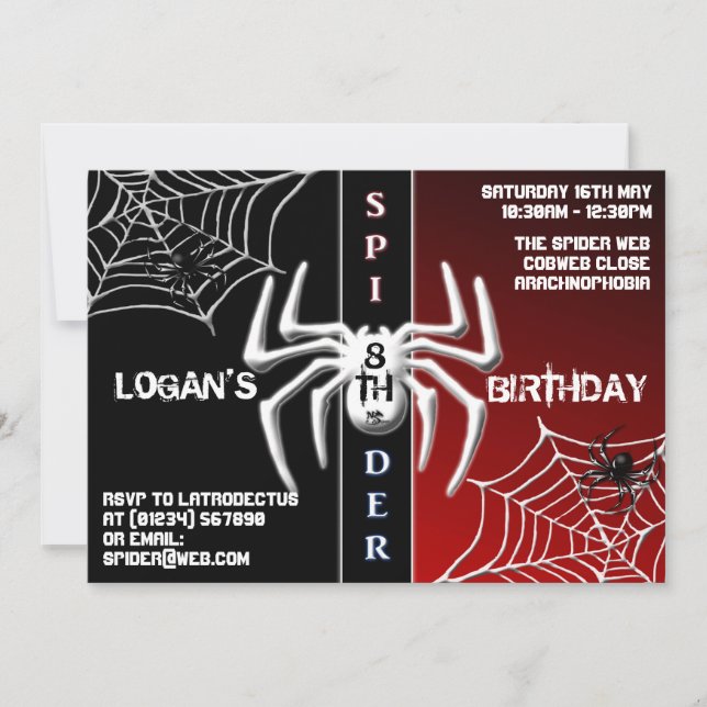 Invitaciones de cumpleaños de araña roja y negra (Anverso)